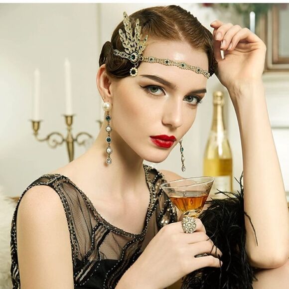 ✨ NWT Art Deco 1920’s Gatsby Flapper Crystal Rhinestone & Pearl, Gold Headband main image 5